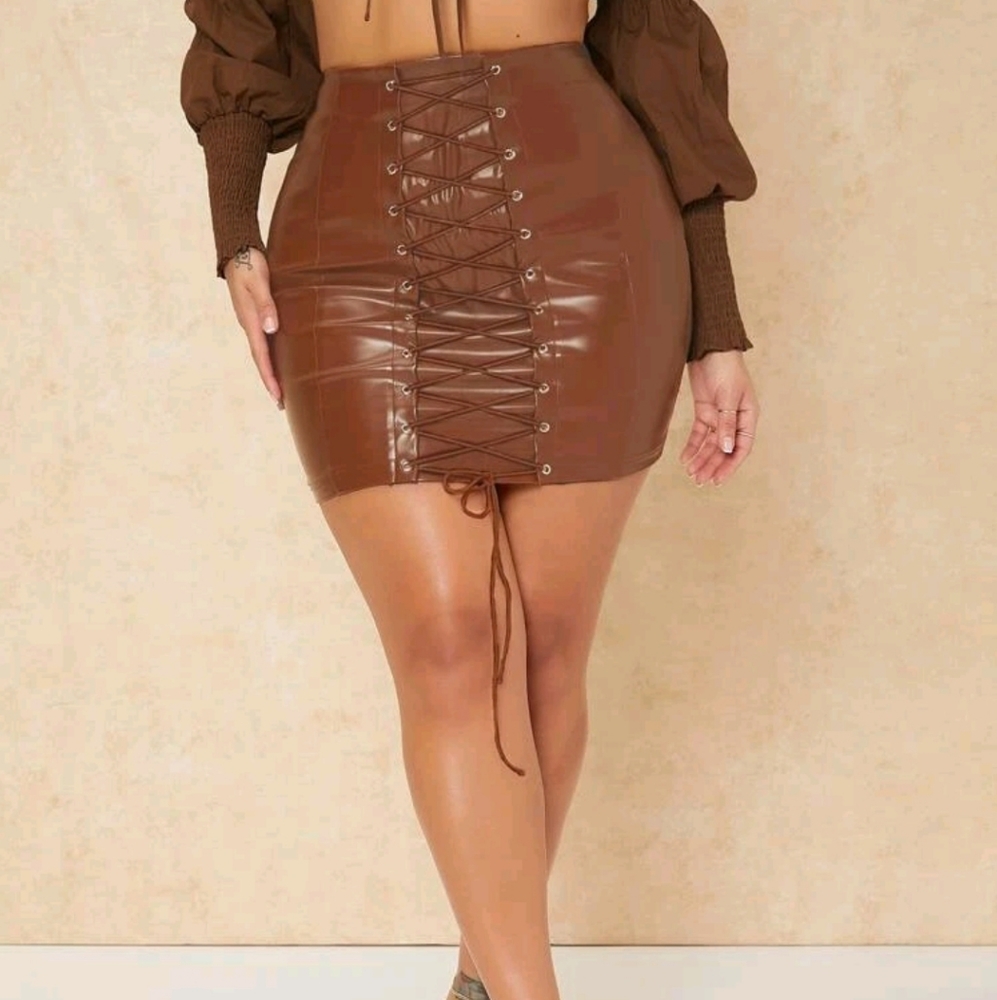 SXY Lace up front leather bodycon mini skirt